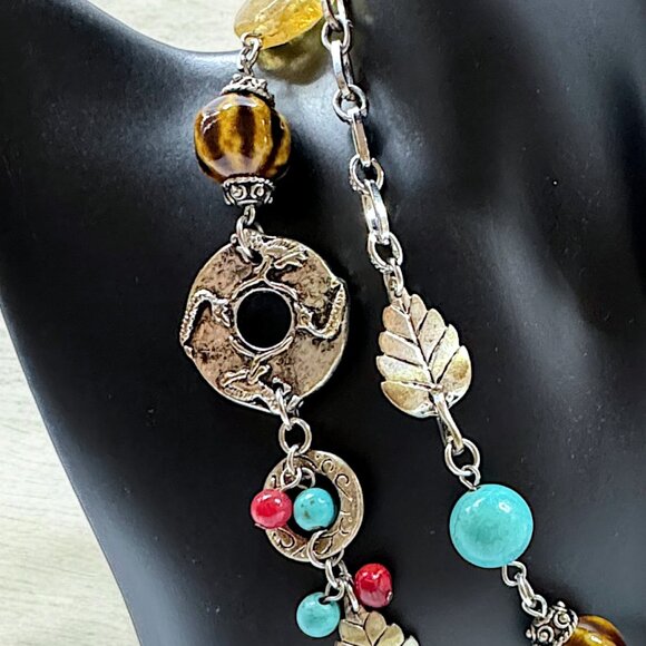 Silver Tone Long Necklace Various Stones Beads Agate Slice Fall Fashion - Picture 5 of 6